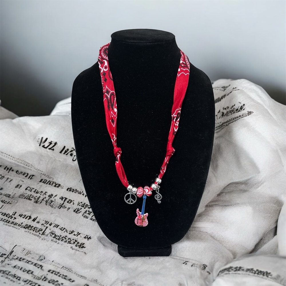 (#32) Handmade Red and Silver Necklace with Intricate Design
